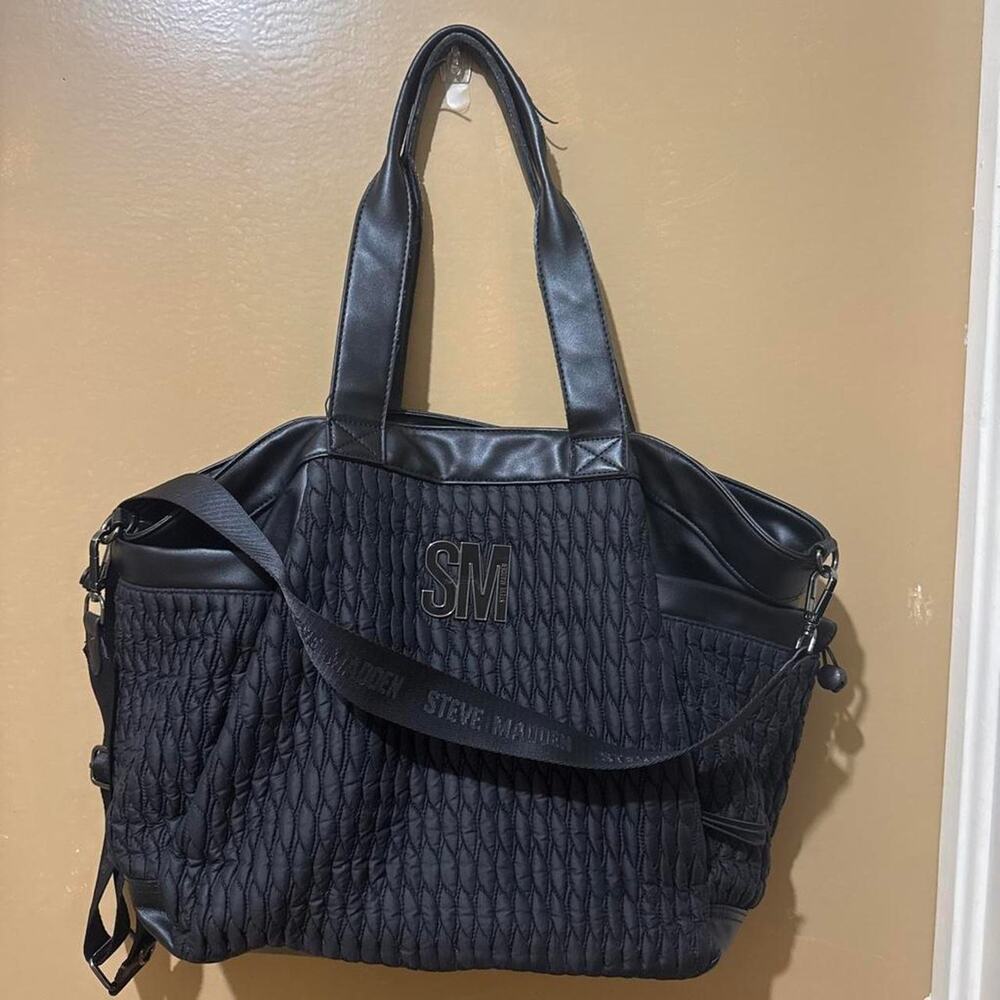 Steve Madden Bmatte Black Quilted Nylon Tote Bag Satchel Purse